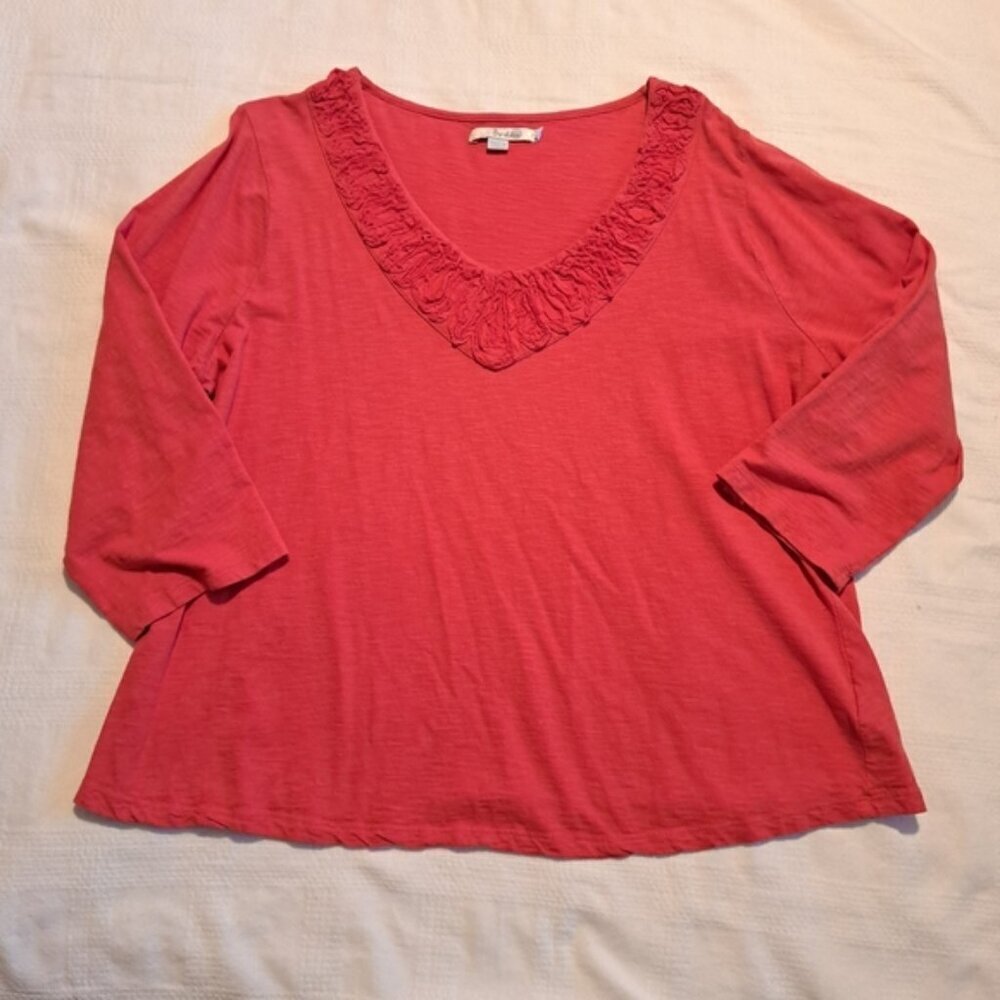 Boden women's size 16 orange 3/4 sleeve shirt, front collar has accent trim